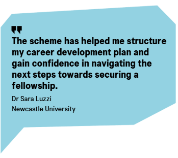 A light blue speech bubble containing the text "The scheme has helped me structure my career development plan and gain confidence in navigating the next steps towards securing a fellowship." Dr Sara Luzzi, Newcastle University